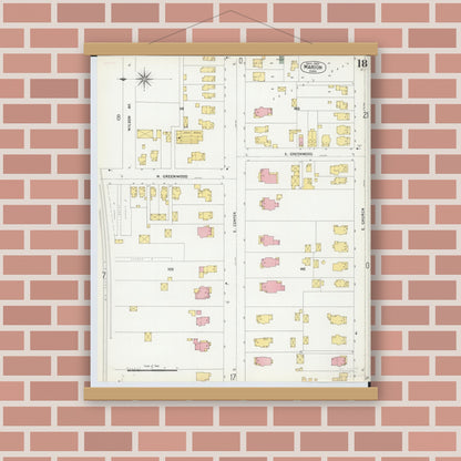 Old map wall art mockup — magnetic wood frame on brick wall — Sanborn Fire Insurance Map from Marion, Marion County, Ohio (1900), Sheet #0018