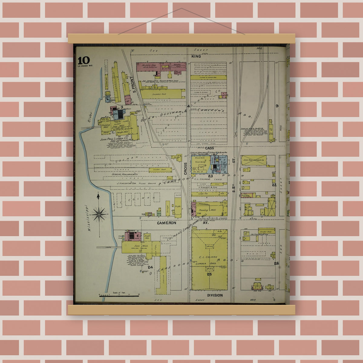 Old map wall art mockup — magnetic wood frame on brick wall — Sanborn Fire Insurance Map from La Crosse, La Crosse County, Wisconsin (1891), Sheet #0010