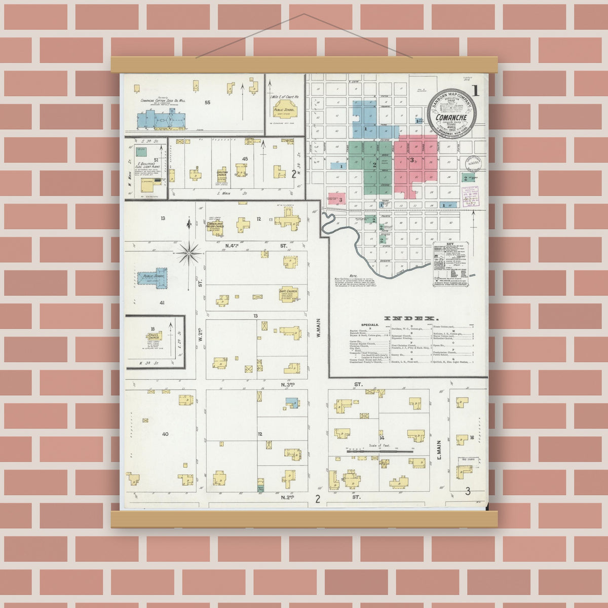 Old map wall art mockup — magnetic wood frame on brick wall — Sanborn Fire Insurance Map from Comanche, Comanche County, Texas (1902), Sheet #0001