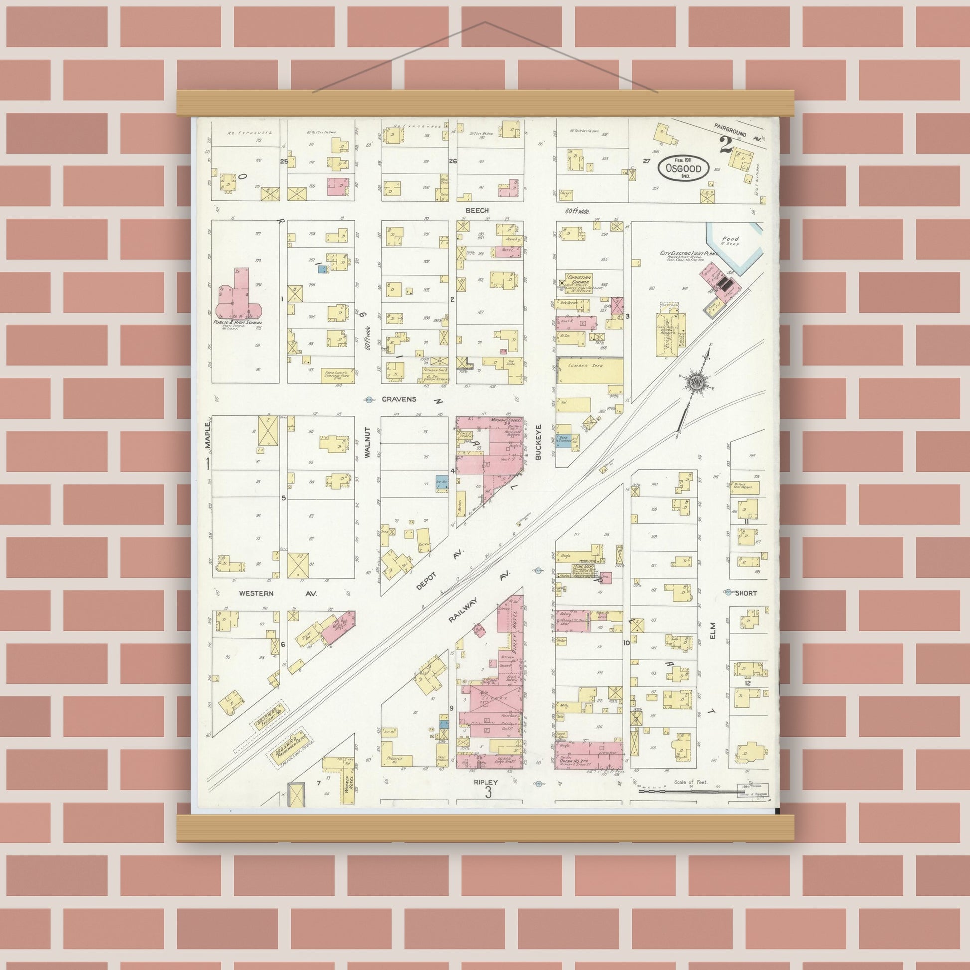 Old map wall art mockup — magnetic wood frame on brick wall — Sanborn Fire Insurance Map from Osgood, Ripley County, Indiana (1911), Sheet #0002