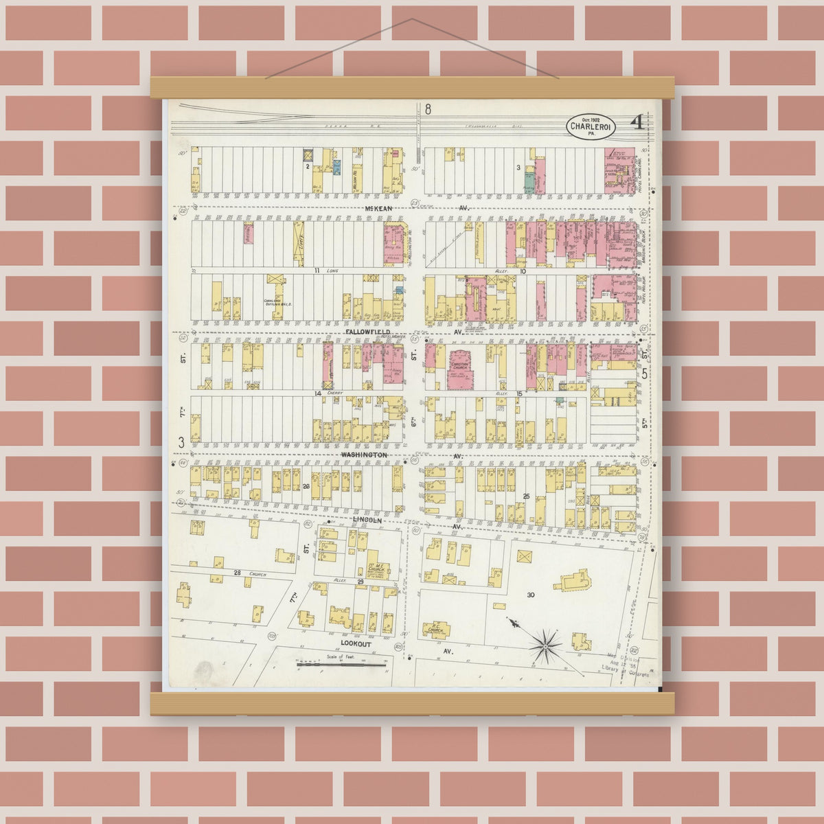 Old map wall art mockup — magnetic wood frame on brick wall — Sanborn Fire Insurance Map from Charleroi, Washington County, Pennsylvania (1902), Sheet #0004