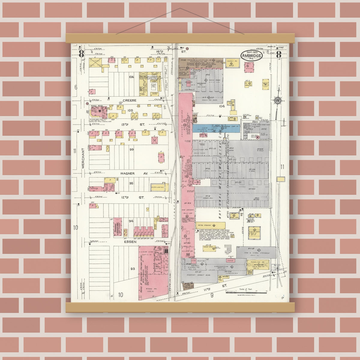 Old map wall art mockup — magnetic wood frame on brick wall — Sanborn Fire Insurance Map from Ambridge, Beaver County, Pennsylvania (1923), Sheet #0008
