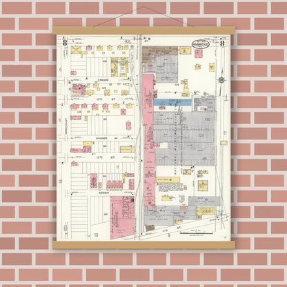 Old map wall art mockup — magnetic wood frame on brick wall — Sanborn Fire Insurance Map from Ambridge, Beaver County, Pennsylvania (1923), Sheet #0008