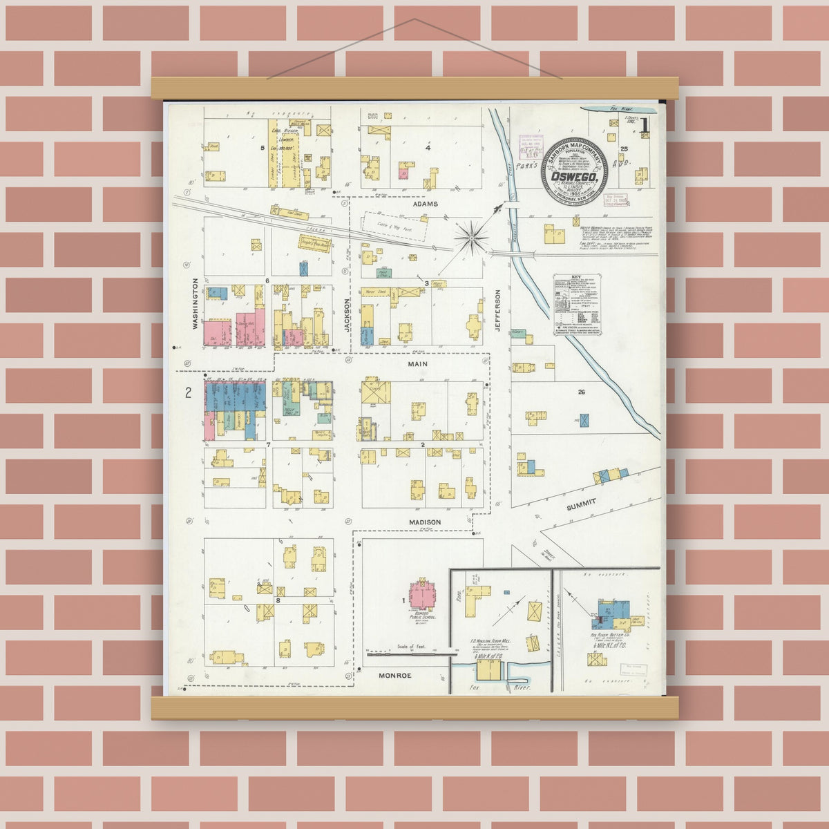 Old map wall art mockup — magnetic wood frame on brick wall — Sanborn Fire Insurance Map from Oswego, Kendall County, Illinois (1905) - Complete Map Set