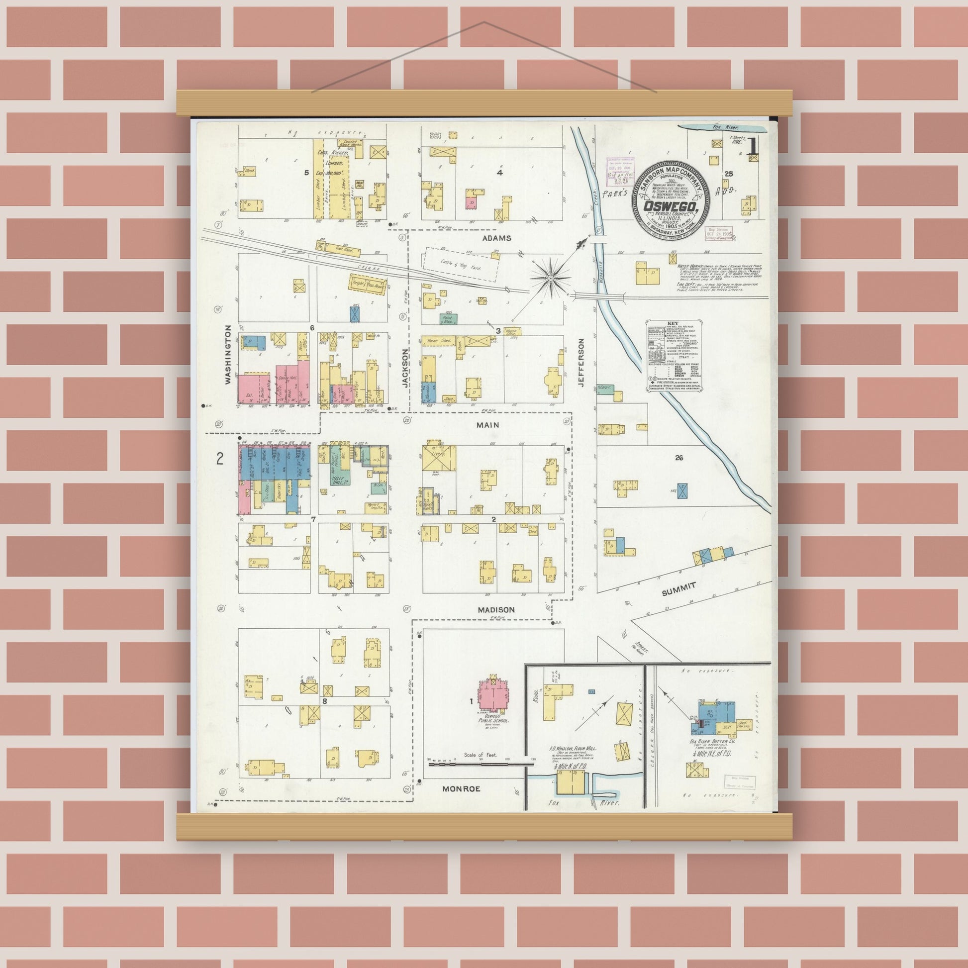 Old map wall art mockup — magnetic wood frame on brick wall — Sanborn Fire Insurance Map from Oswego, Kendall County, Illinois (1905) - Complete Map Set