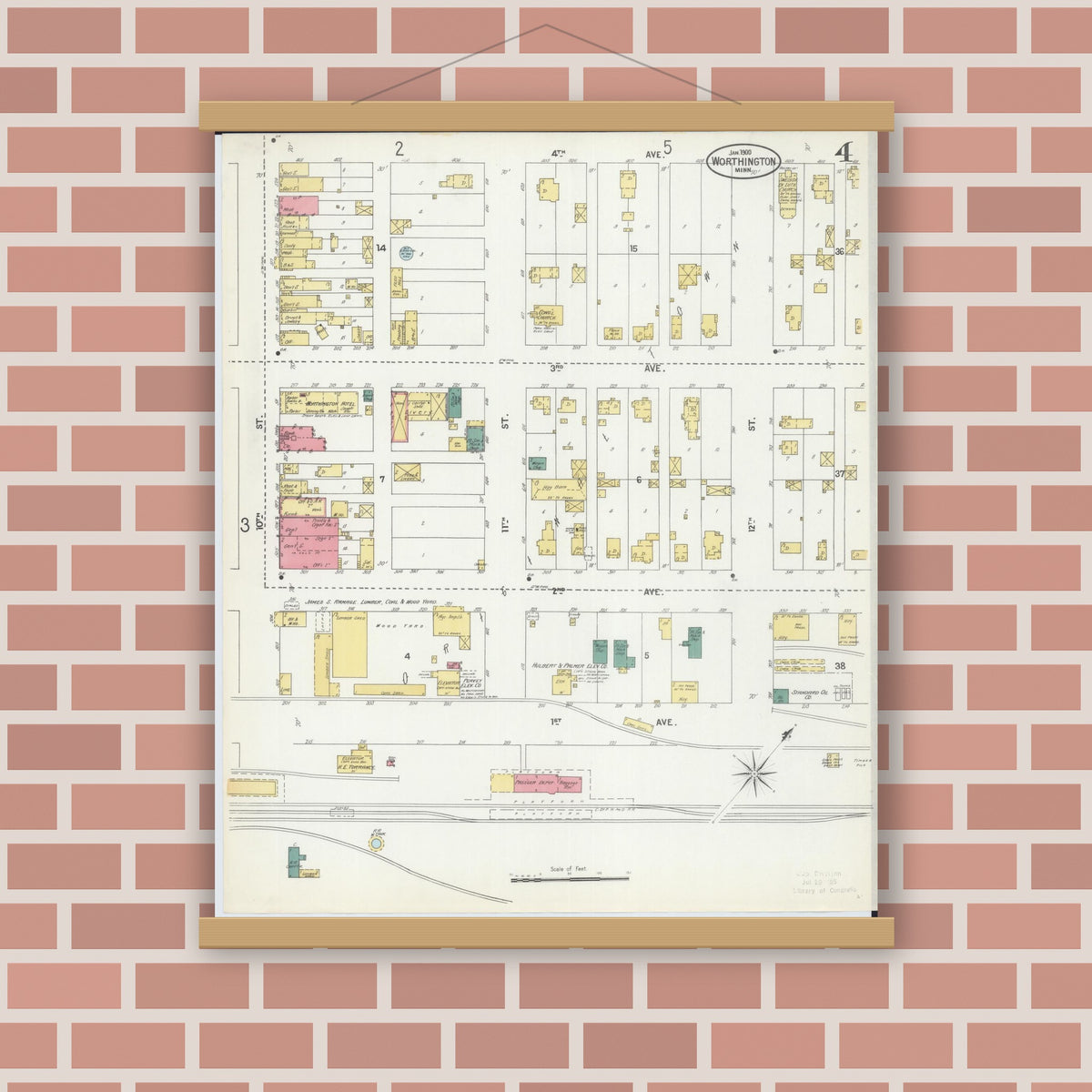 Old map wall art mockup — magnetic wood frame on brick wall — Sanborn Fire Insurance Map from Worthington, Nobles County, Minnesota (1900), Sheet #0004