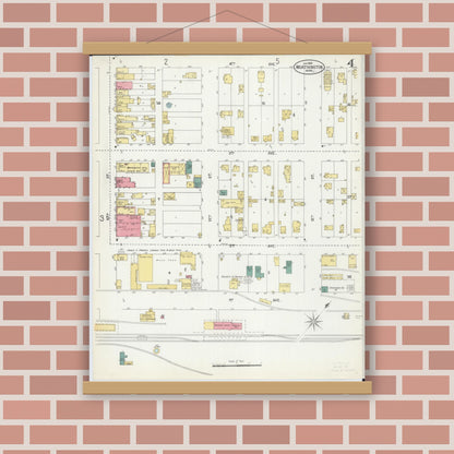 Old map wall art mockup — magnetic wood frame on brick wall — Sanborn Fire Insurance Map from Worthington, Nobles County, Minnesota (1900), Sheet #0004