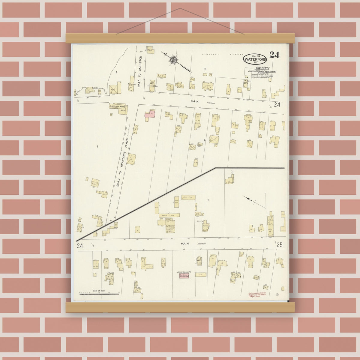 Old map wall art mockup — magnetic wood frame on brick wall — Sanborn Fire Insurance Map from Waterford, Saratoga County, New York (1914), Sheet #0024