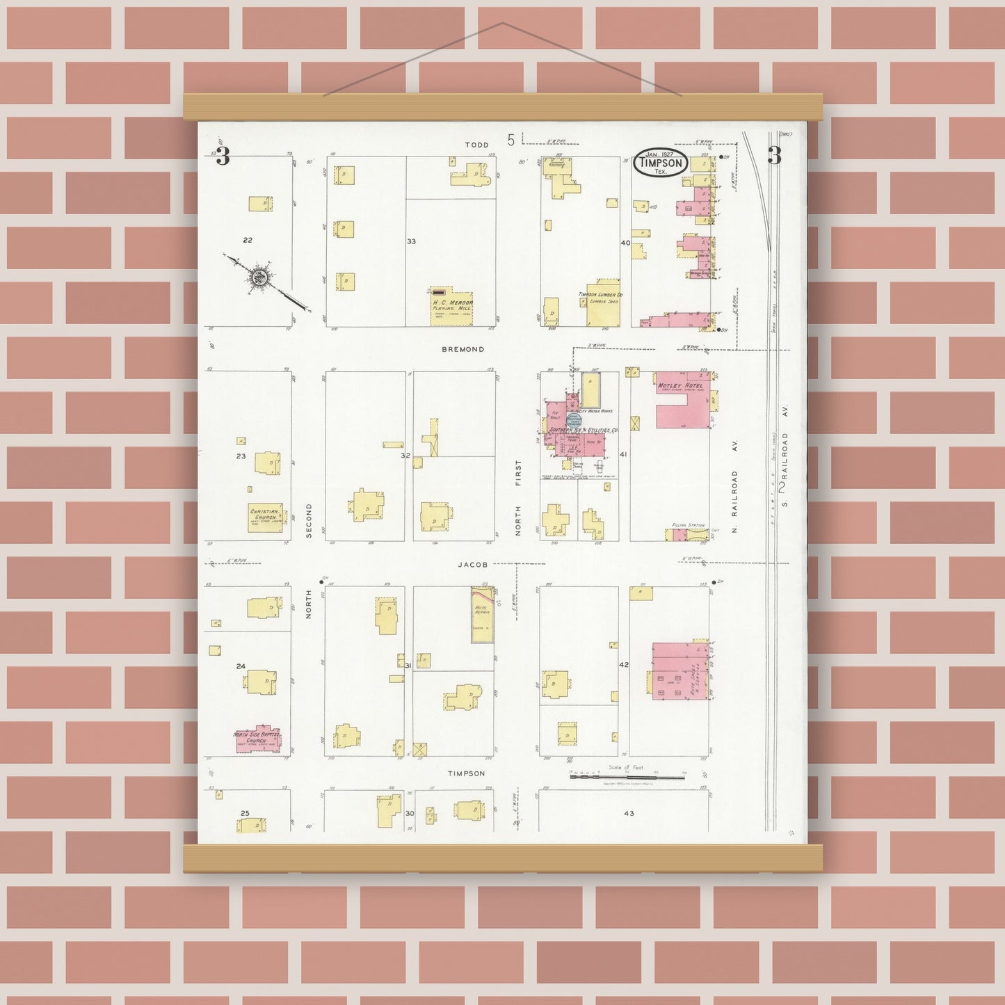 Old map wall art mockup — magnetic wood frame on brick wall — Sanborn Fire Insurance Map from Timpson, Shelby County, Texas (1927), Sheet #0003