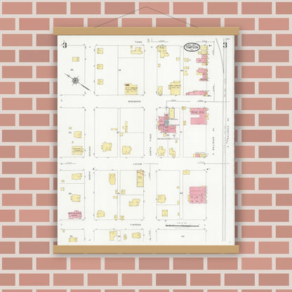 Old map wall art mockup — magnetic wood frame on brick wall — Sanborn Fire Insurance Map from Timpson, Shelby County, Texas (1927), Sheet #0003