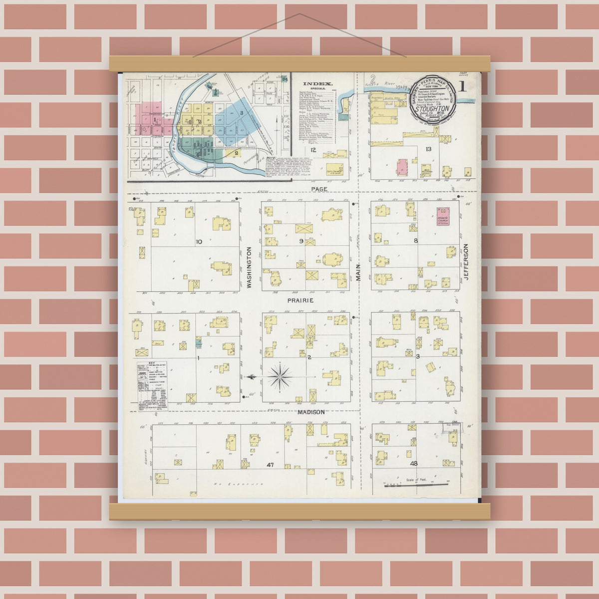 Old map wall art mockup — magnetic wood frame on brick wall — Sanborn Fire Insurance Map from Stoughton, Dane County, Wisconsin (1892) - Complete Map Set