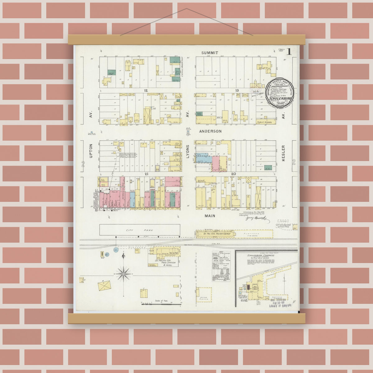 Old map wall art mockup — magnetic wood frame on brick wall — Sanborn Fire Insurance Map from Schulenburg, Fayette County, Texas (1894) - Complete Map Set