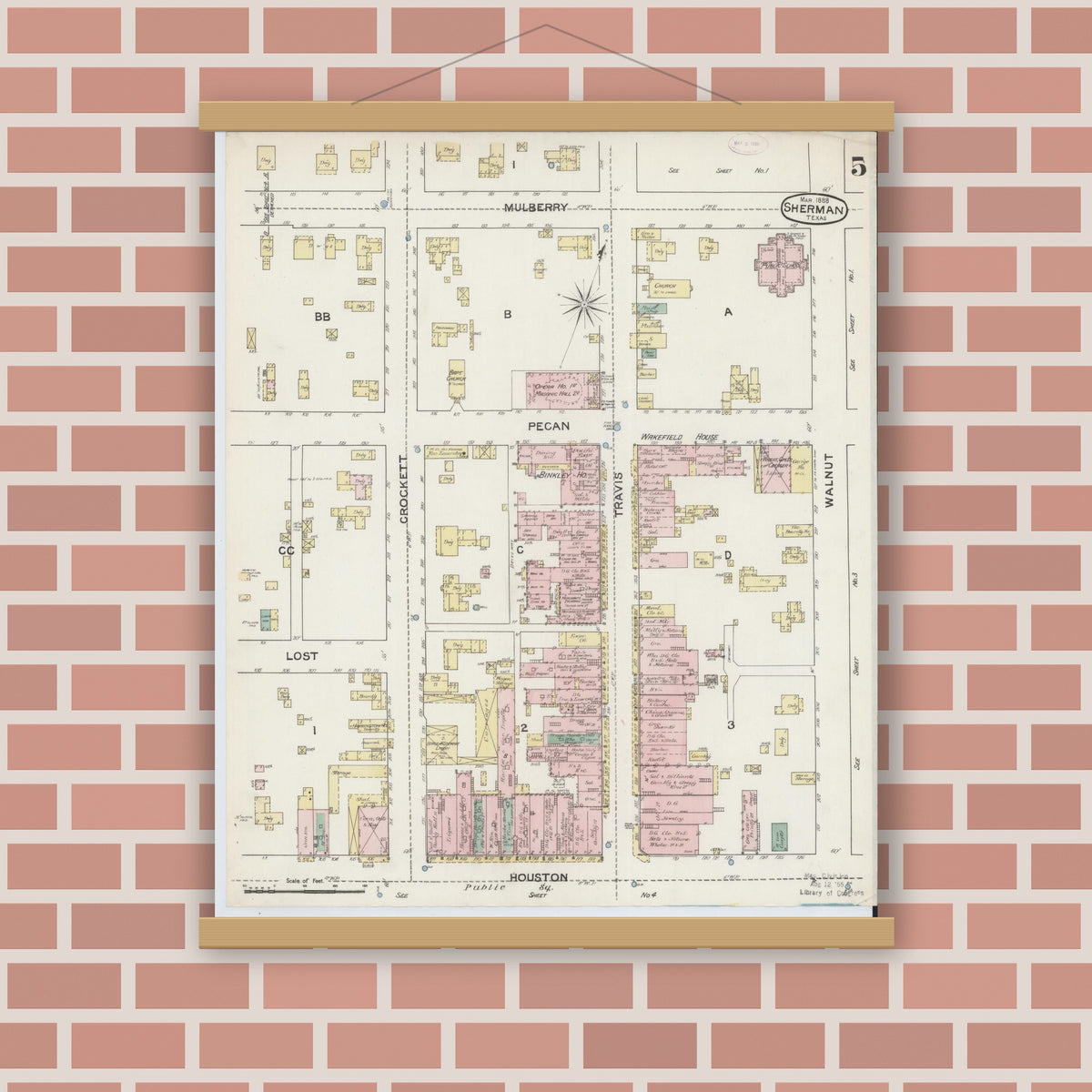 Old map wall art mockup — magnetic wood frame on brick wall — Sanborn Fire Insurance Map from Sherman, Grayson County, Texas (1888), Sheet #0005