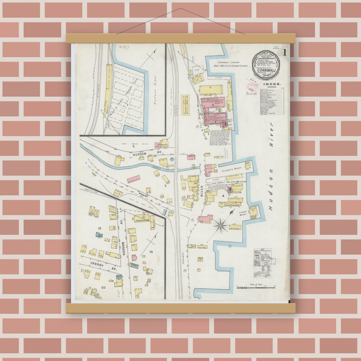 Old map wall art mockup — magnetic wood frame on brick wall — Sanborn Fire Insurance Map from Cornwall, Orange County, New York (1894) - Complete Map Set