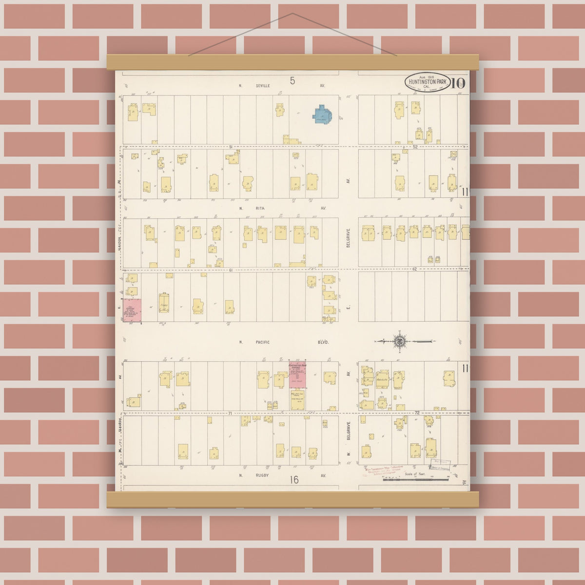 Old map wall art mockup — magnetic wood frame on brick wall — Sanborn Fire Insurance Map from Huntington Park, Los Angeles County, California (1916), Sheet #0010