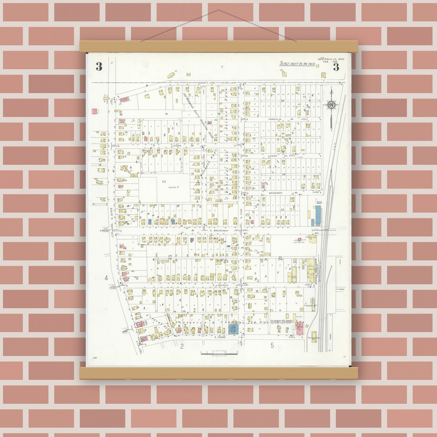 Old map wall art mockup — magnetic wood frame on brick wall — Sanborn Fire Insurance Map from Westerville, Franklin County, Ohio (1933), Sheet #0003