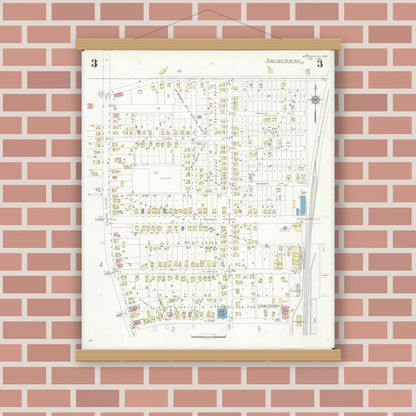 Old map wall art mockup — magnetic wood frame on brick wall — Sanborn Fire Insurance Map from Westerville, Franklin County, Ohio (1933), Sheet #0003