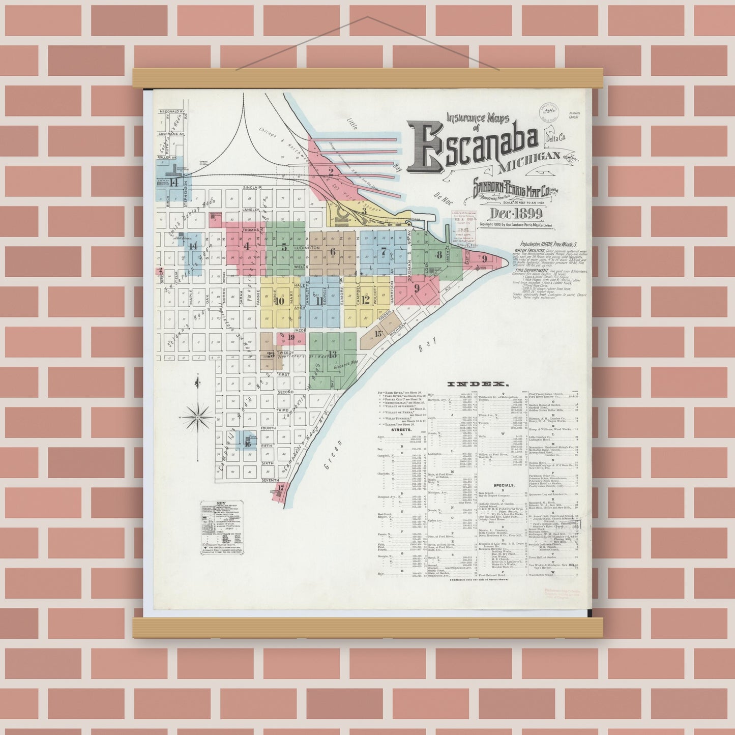 Old map wall art mockup — magnetic wood frame on brick wall — Sanborn Fire Insurance Map from Escanaba, Delta County, Michigan (1899), Sheet #0001