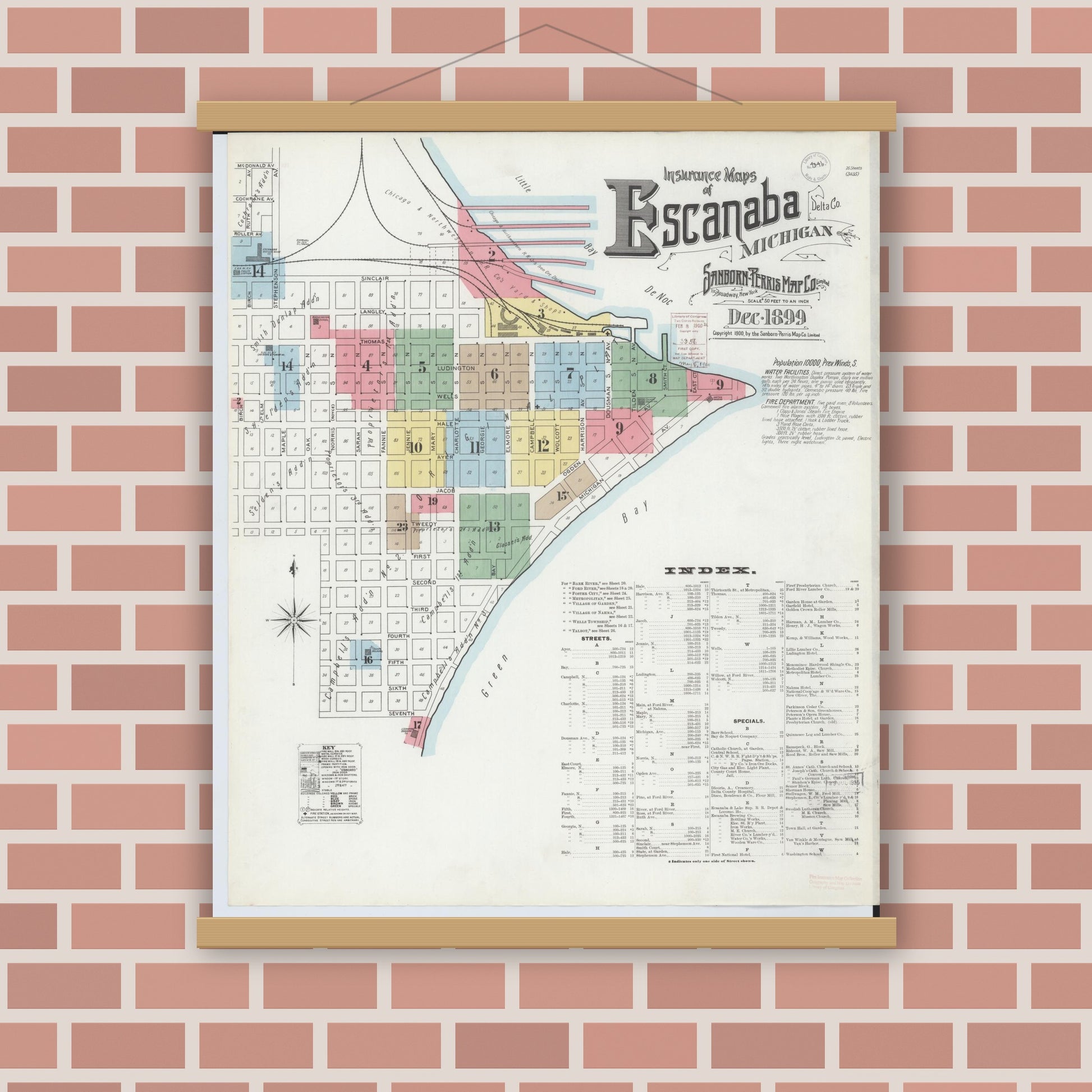 Old map wall art mockup — magnetic wood frame on brick wall — Sanborn Fire Insurance Map from Escanaba, Delta County, Michigan (1899), Sheet #0001