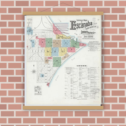 Old map wall art mockup — magnetic wood frame on brick wall — Sanborn Fire Insurance Map from Escanaba, Delta County, Michigan (1899), Sheet #0001
