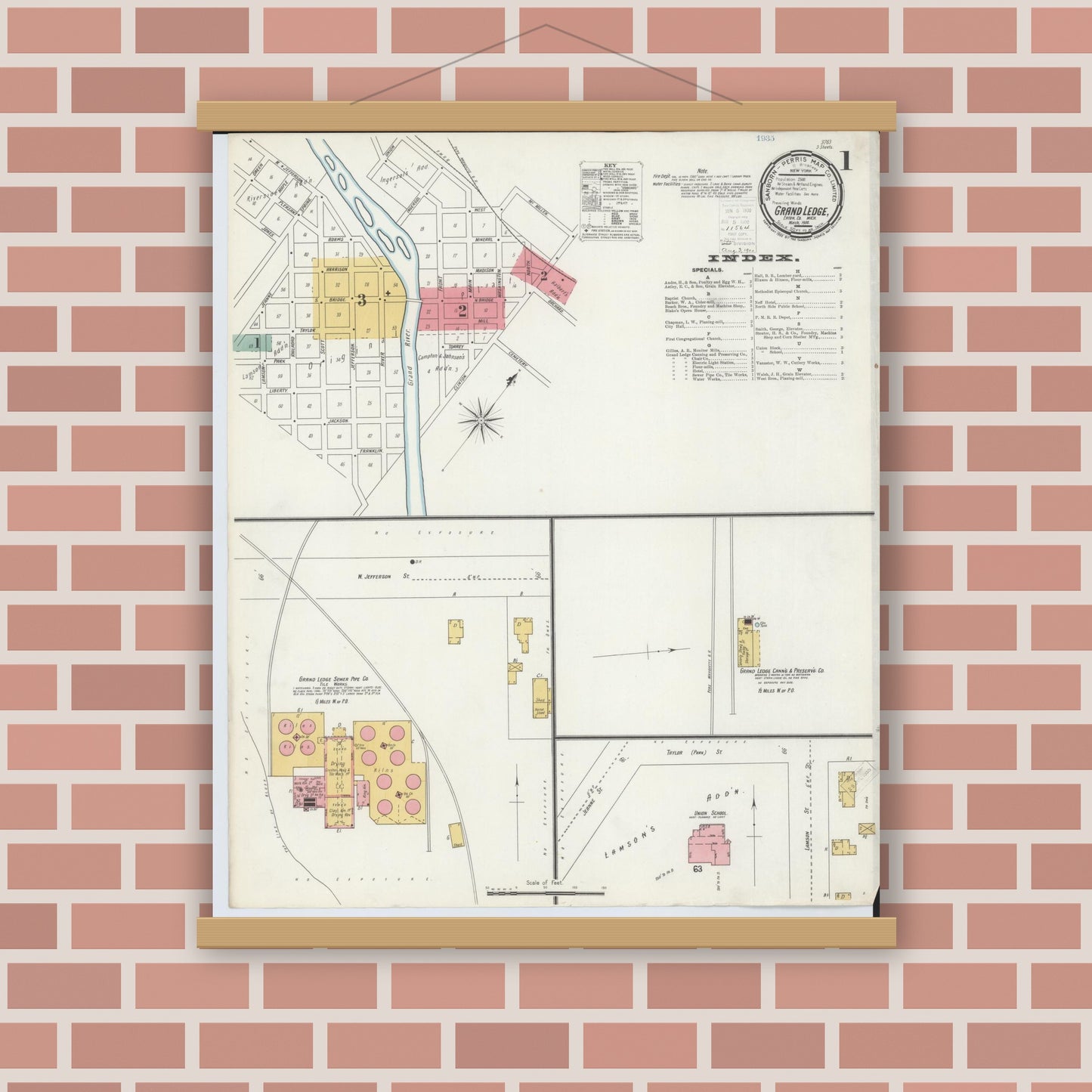 Old map wall art mockup — magnetic wood frame on brick wall — Sanborn Fire Insurance Map from Grand Ledge, Eaton County, Michigan (1900) - Complete Map Set