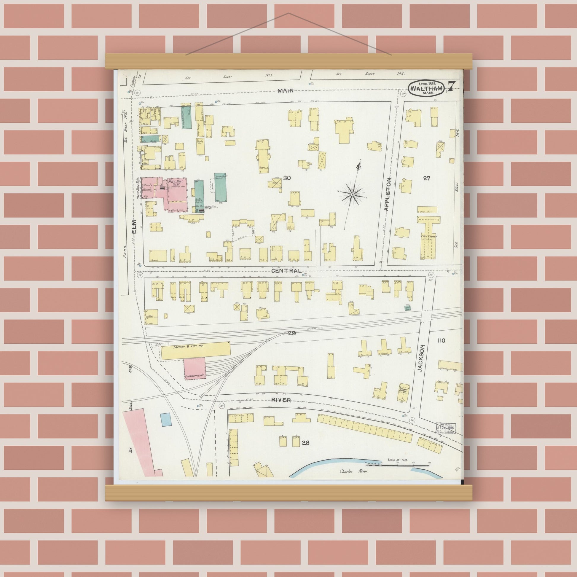 Old map wall art mockup — magnetic wood frame on brick wall — Sanborn Fire Insurance Map from Waltham, Middlesex County, Massachusetts (1892), Sheet #0007