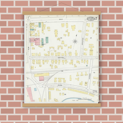 Old map wall art mockup — magnetic wood frame on brick wall — Sanborn Fire Insurance Map from Waltham, Middlesex County, Massachusetts (1892), Sheet #0007