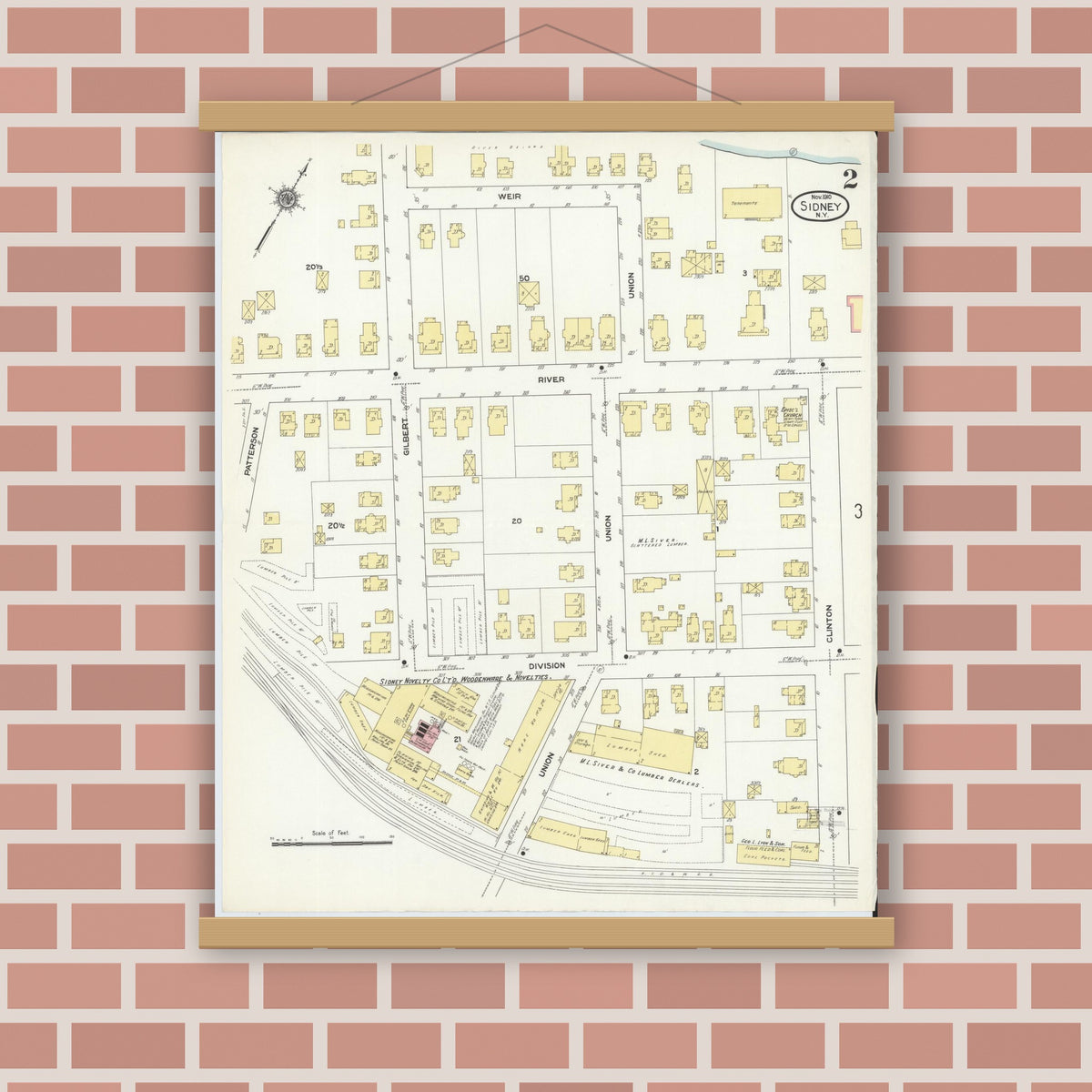 Old map wall art mockup — magnetic wood frame on brick wall — Sanborn Fire Insurance Map from Sidney, Delaware County, New York (1910), Sheet #0002
