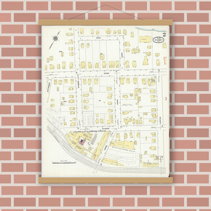 Old map wall art mockup — magnetic wood frame on brick wall — Sanborn Fire Insurance Map from Sidney, Delaware County, New York (1910), Sheet #0002