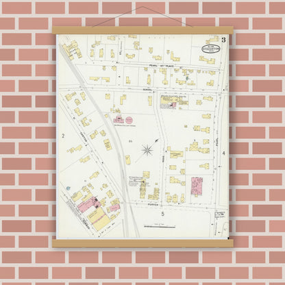 Old map wall art mockup — magnetic wood frame on brick wall — Sanborn Fire Insurance Map from Stoughton, Norfolk County, Massachusetts (1896), Sheet #0003
