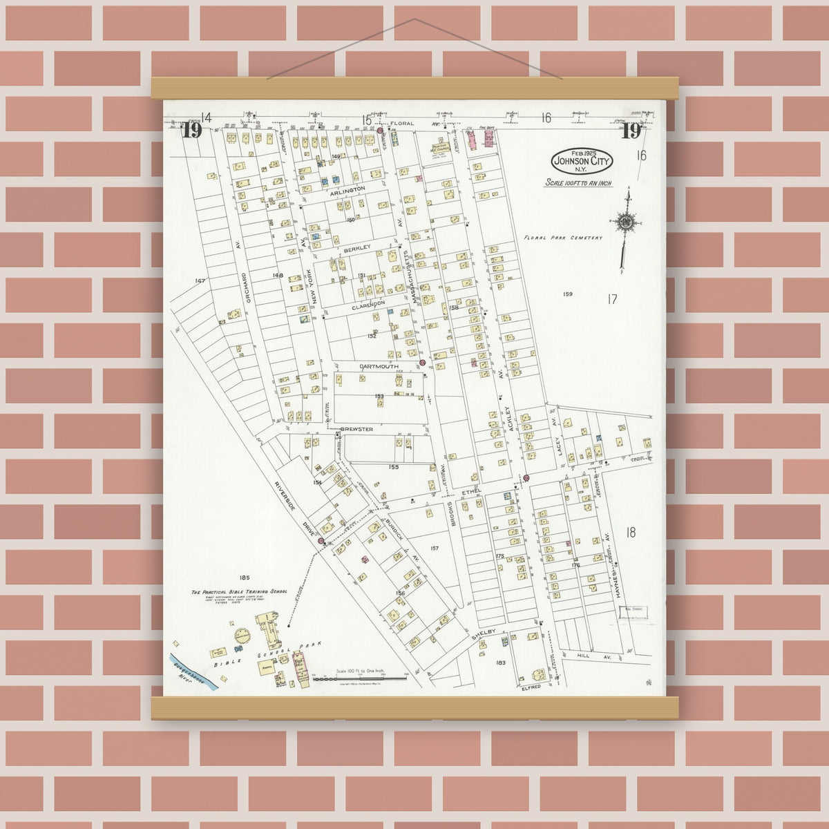 Old map wall art mockup — magnetic wood frame on brick wall — Sanborn Fire Insurance Map from Johnson City, Broome County, New York (1925), Sheet #0019