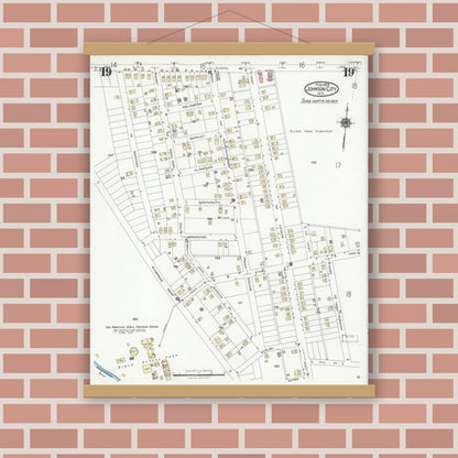 Old map wall art mockup — magnetic wood frame on brick wall — Sanborn Fire Insurance Map from Johnson City, Broome County, New York (1925), Sheet #0019