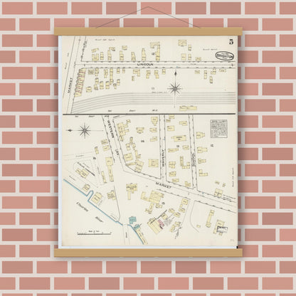 Old map wall art mockup — magnetic wood frame on brick wall — Sanborn Fire Insurance Map from Brighton, Suffolk County, Massachusetts (1884), Sheet #0005