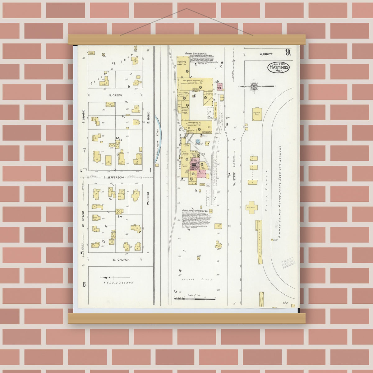 Old map wall art mockup — magnetic wood frame on brick wall — Sanborn Fire Insurance Map from Hastings, Barry County, Michigan (1909), Sheet #0009