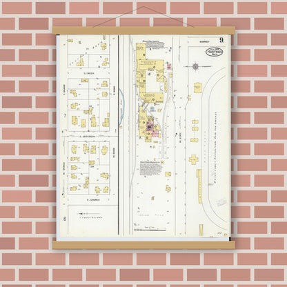 Old map wall art mockup — magnetic wood frame on brick wall — Sanborn Fire Insurance Map from Hastings, Barry County, Michigan (1909), Sheet #0009