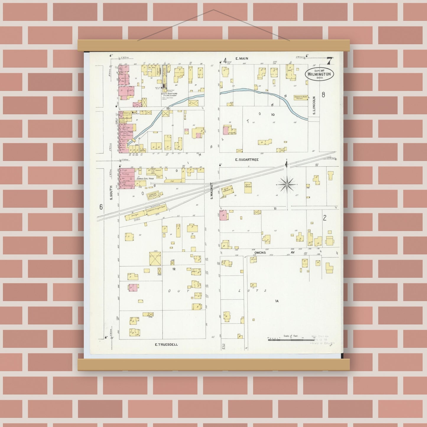 Old map wall art mockup — magnetic wood frame on brick wall — Sanborn Fire Insurance Map from Wilmington, Clinton County, Ohio (1907), Sheet #0007