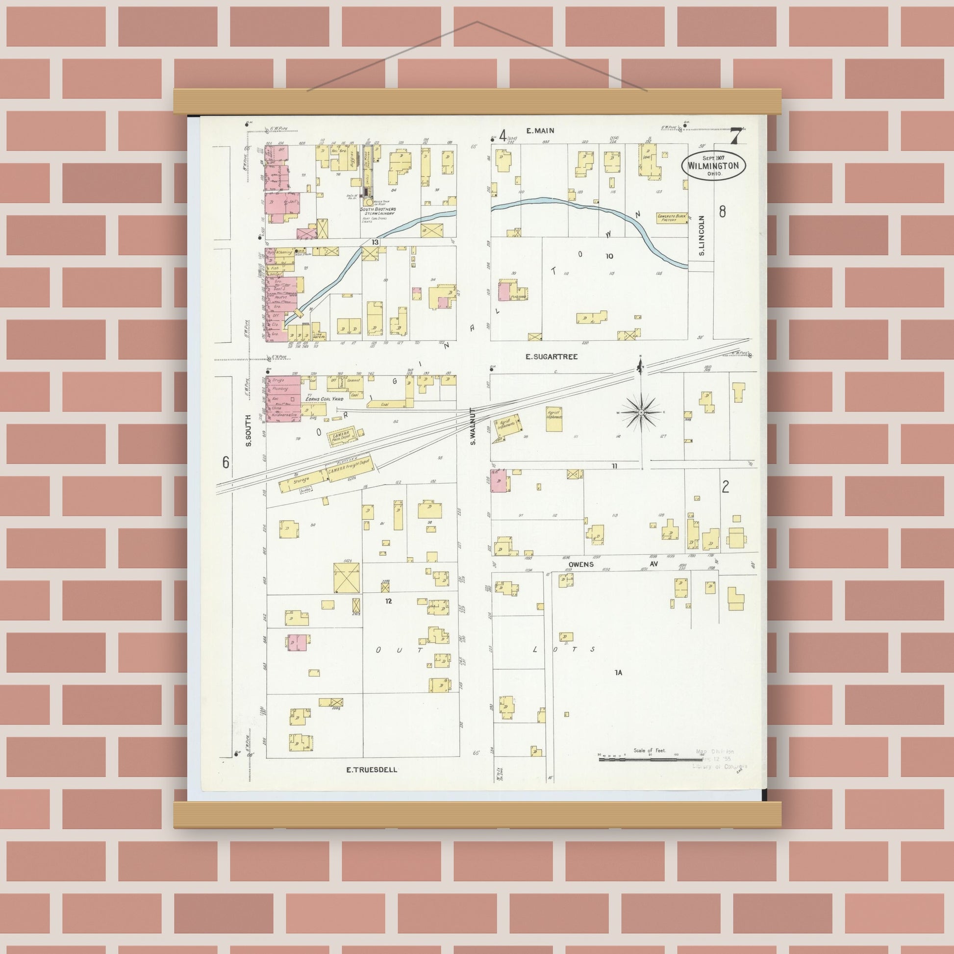 Old map wall art mockup — magnetic wood frame on brick wall — Sanborn Fire Insurance Map from Wilmington, Clinton County, Ohio (1907), Sheet #0007