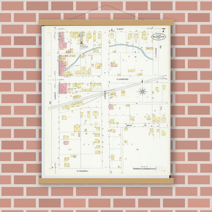 Old map wall art mockup — magnetic wood frame on brick wall — Sanborn Fire Insurance Map from Wilmington, Clinton County, Ohio (1907), Sheet #0007