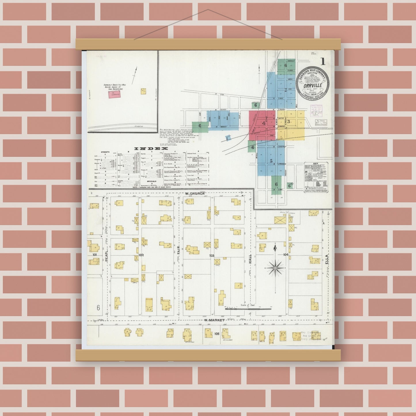 Old map wall art mockup — magnetic wood frame on brick wall — Sanborn Fire Insurance Map from Orrville, Wayne County, Ohio (1904), Sheet #0001
