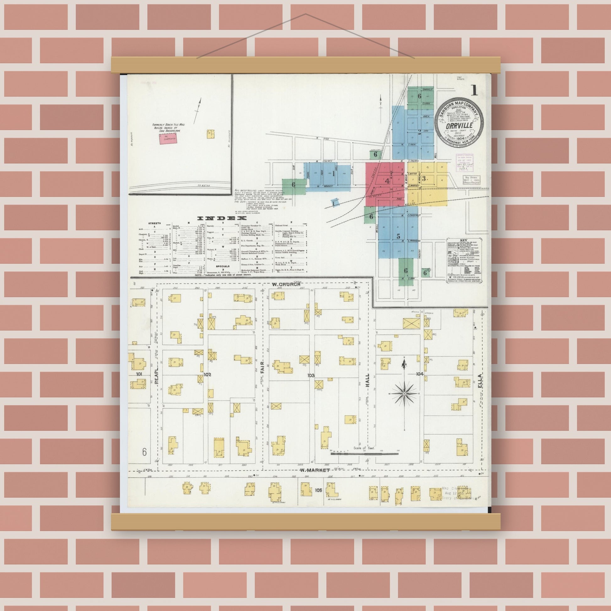 Old map wall art mockup — magnetic wood frame on brick wall — Sanborn Fire Insurance Map from Orrville, Wayne County, Ohio (1904), Sheet #0001