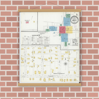 Old map wall art mockup — magnetic wood frame on brick wall — Sanborn Fire Insurance Map from Orrville, Wayne County, Ohio (1904), Sheet #0001
