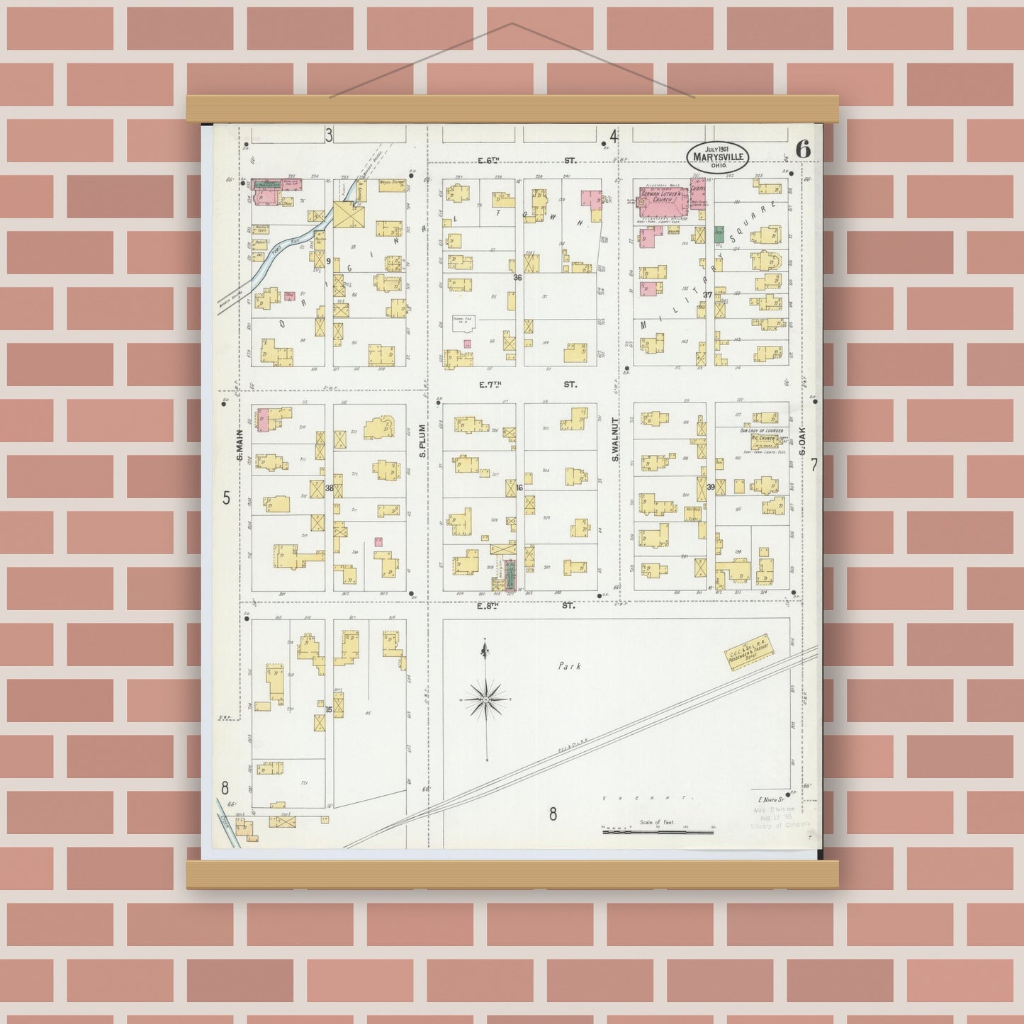 Old map wall art mockup — magnetic wood frame on brick wall — Sanborn Fire Insurance Map from Marysville, Union County, Ohio (1901), Sheet #0006