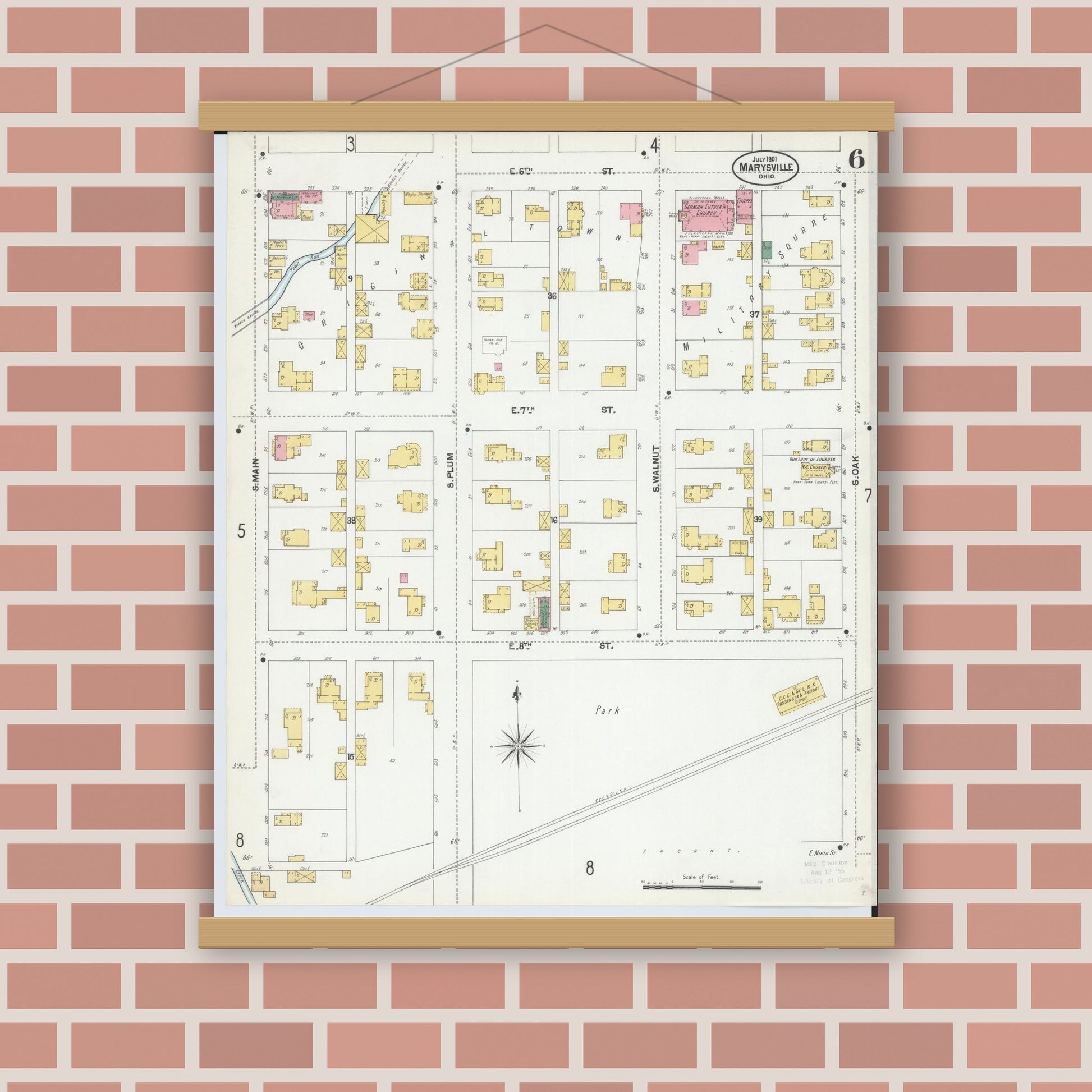 Old map wall art mockup — magnetic wood frame on brick wall — Sanborn Fire Insurance Map from Marysville, Union County, Ohio (1901), Sheet #0006