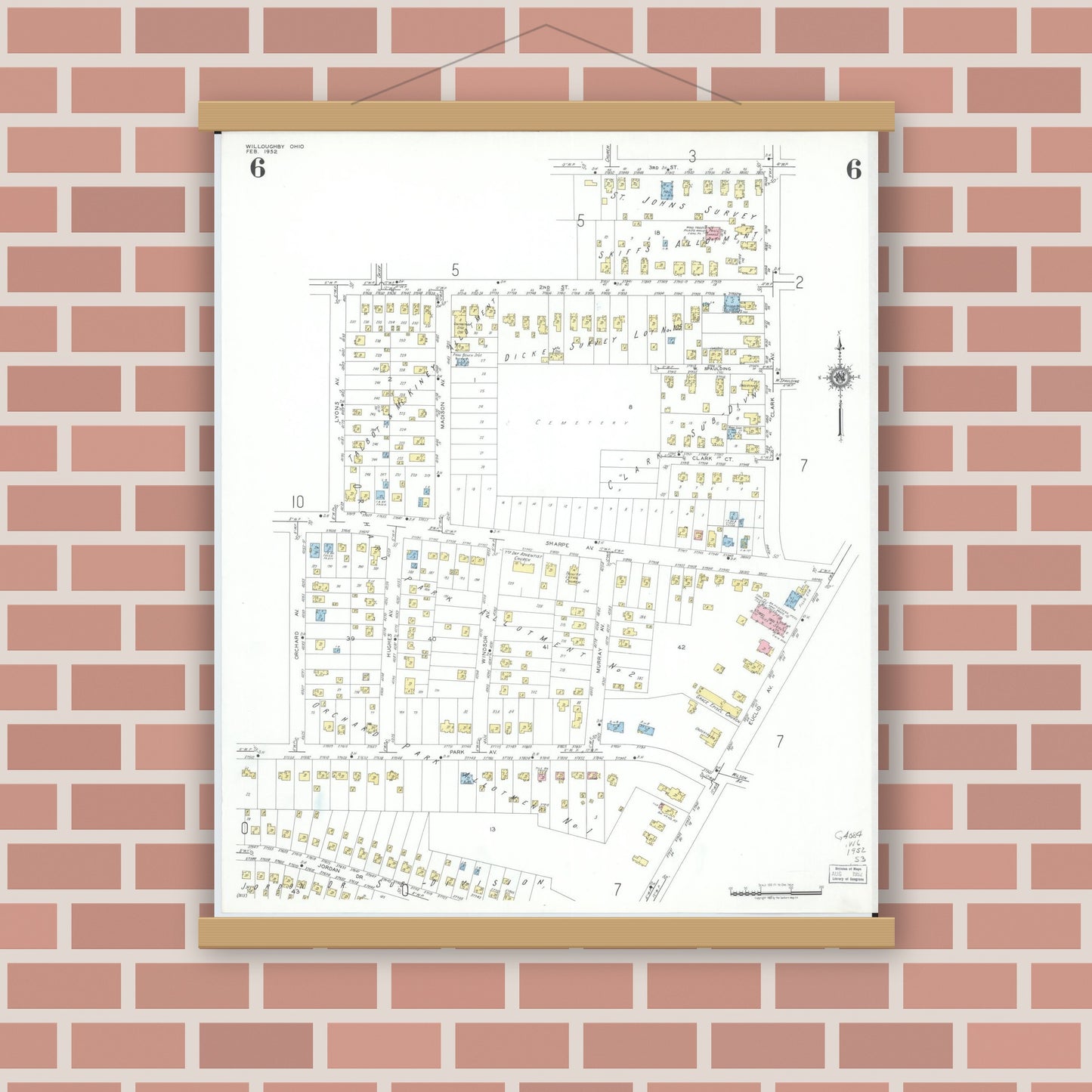 Old map wall art mockup — magnetic wood frame on brick wall — Sanborn Fire Insurance Map from Willoughby, Lake County, Ohio (1952), Sheet #0006
