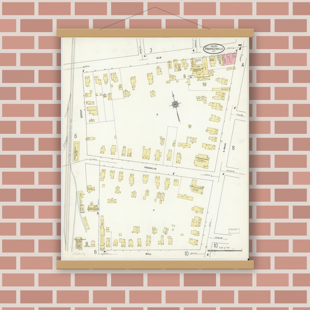 Old map wall art mockup — magnetic wood frame on brick wall — Sanborn Fire Insurance Map from Franklinville, Cattaraugus County, New York (1912), Sheet #0007
