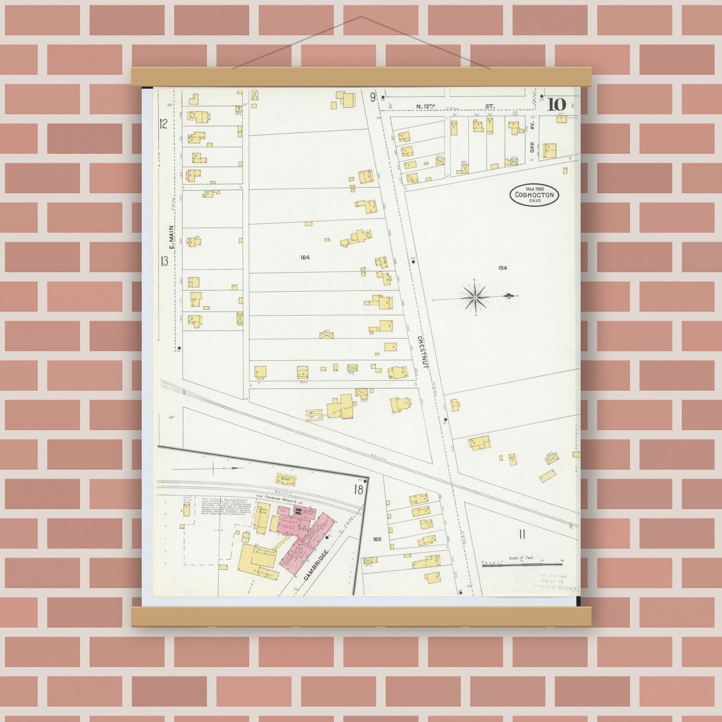 Old map wall art mockup — magnetic wood frame on brick wall — Sanborn Fire Insurance Map from Coshocton, Coshocton County, Ohio (1905), Sheet #0010