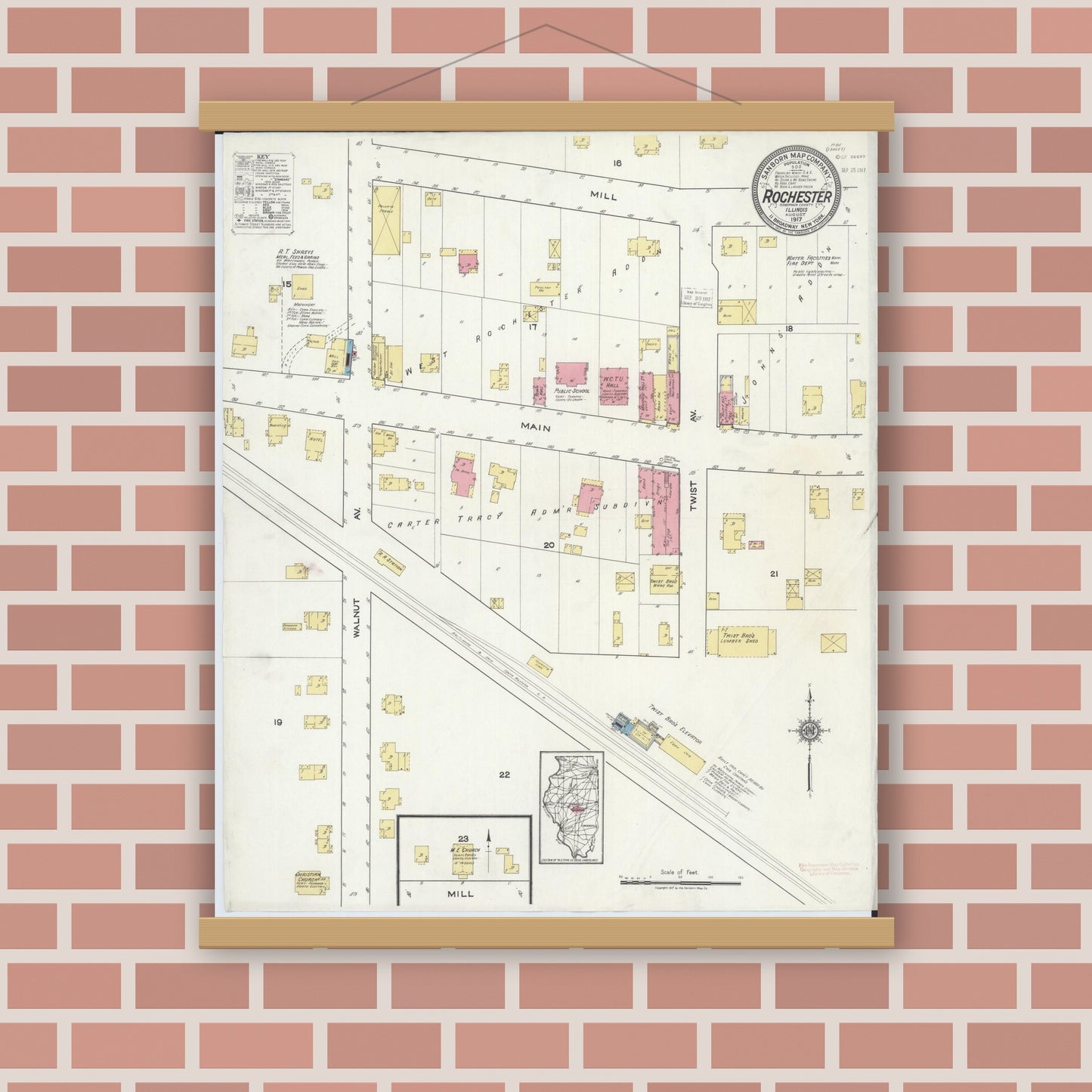 Old map wall art mockup — magnetic wood frame on brick wall — Sanborn Fire Insurance Map from Rochester, Sangamon County, Illinois (1917), Sheet #0001