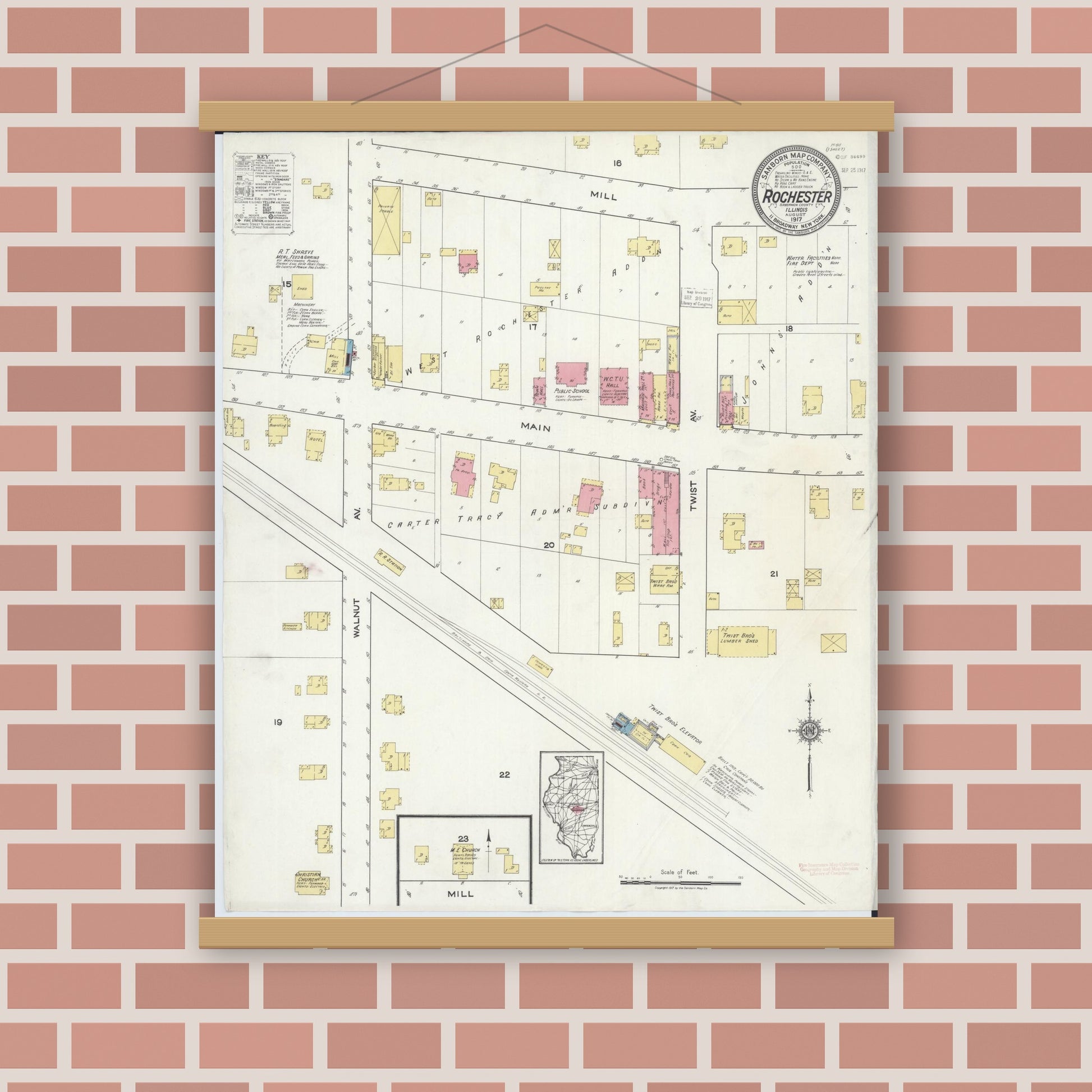 Old map wall art mockup — magnetic wood frame on brick wall — Sanborn Fire Insurance Map from Rochester, Sangamon County, Illinois (1917), Sheet #0001