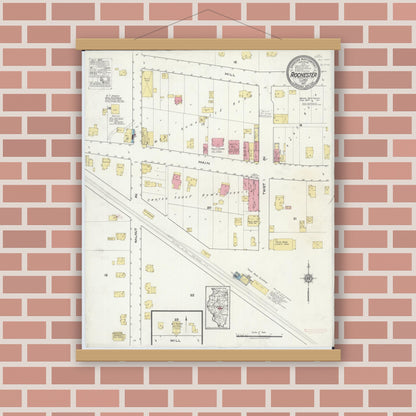 Old map wall art mockup — magnetic wood frame on brick wall — Sanborn Fire Insurance Map from Rochester, Sangamon County, Illinois (1917), Sheet #0001