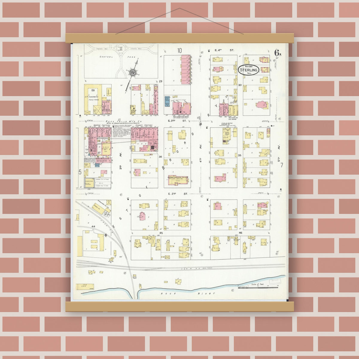 Old map wall art mockup — magnetic wood frame on brick wall — Sanborn Fire Insurance Map from Sterling, Whiteside County, Illinois (1910), Sheet #0006